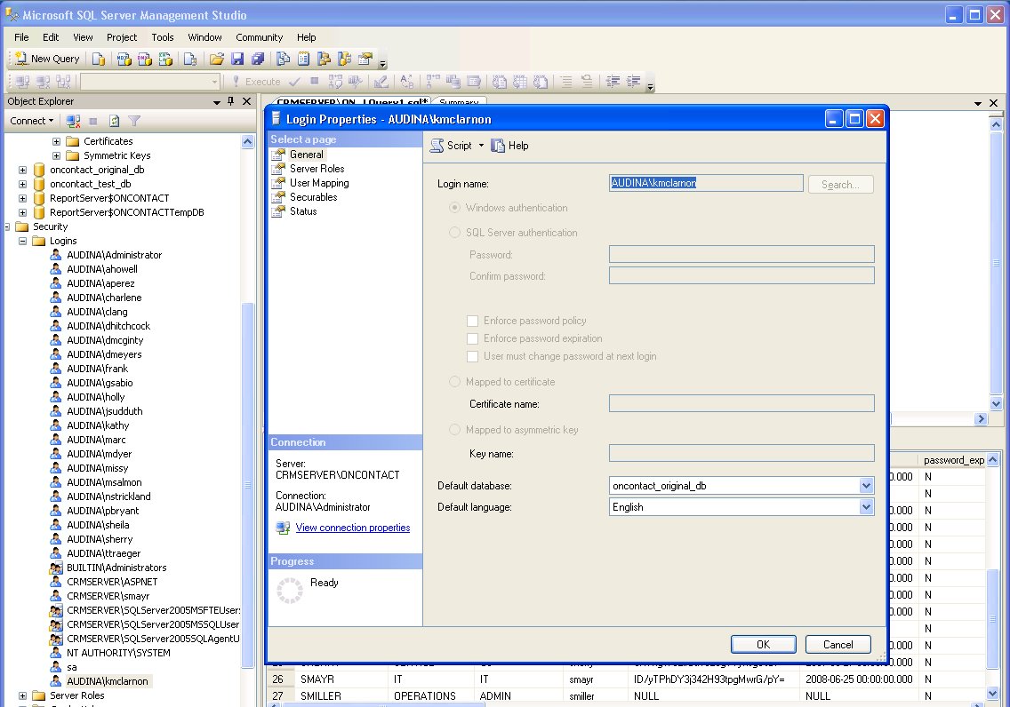 MS SQL: Security > Logins for OnContact database