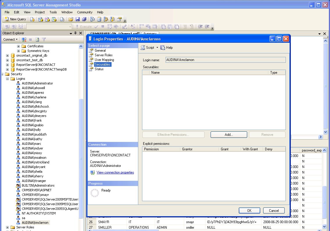 MS SQL: Security > Logins for OnContact database