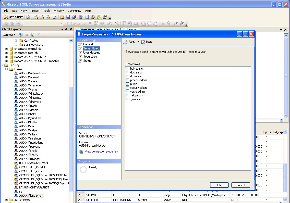 MS SQL: Security > Logins for OnContact database