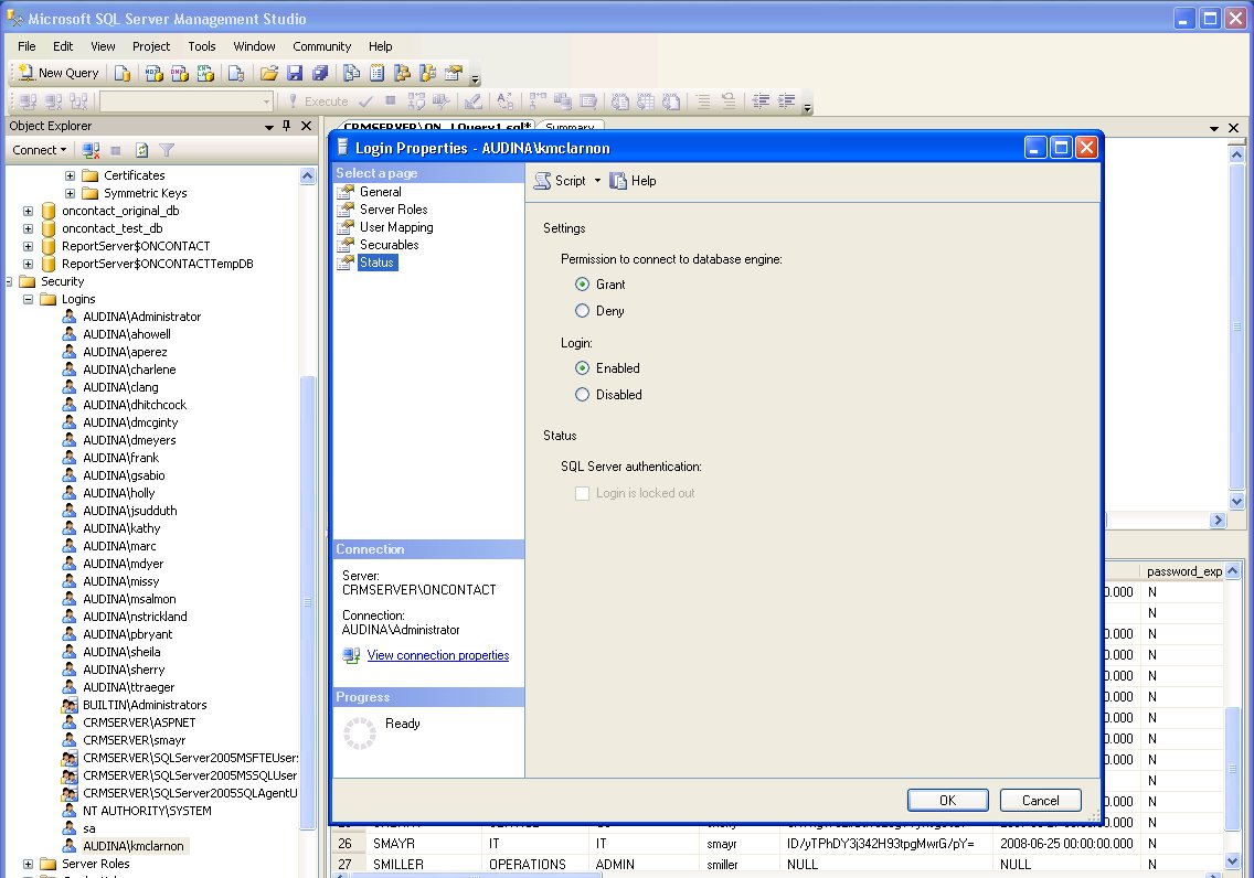 MS SQL: Security > Logins for OnContact database