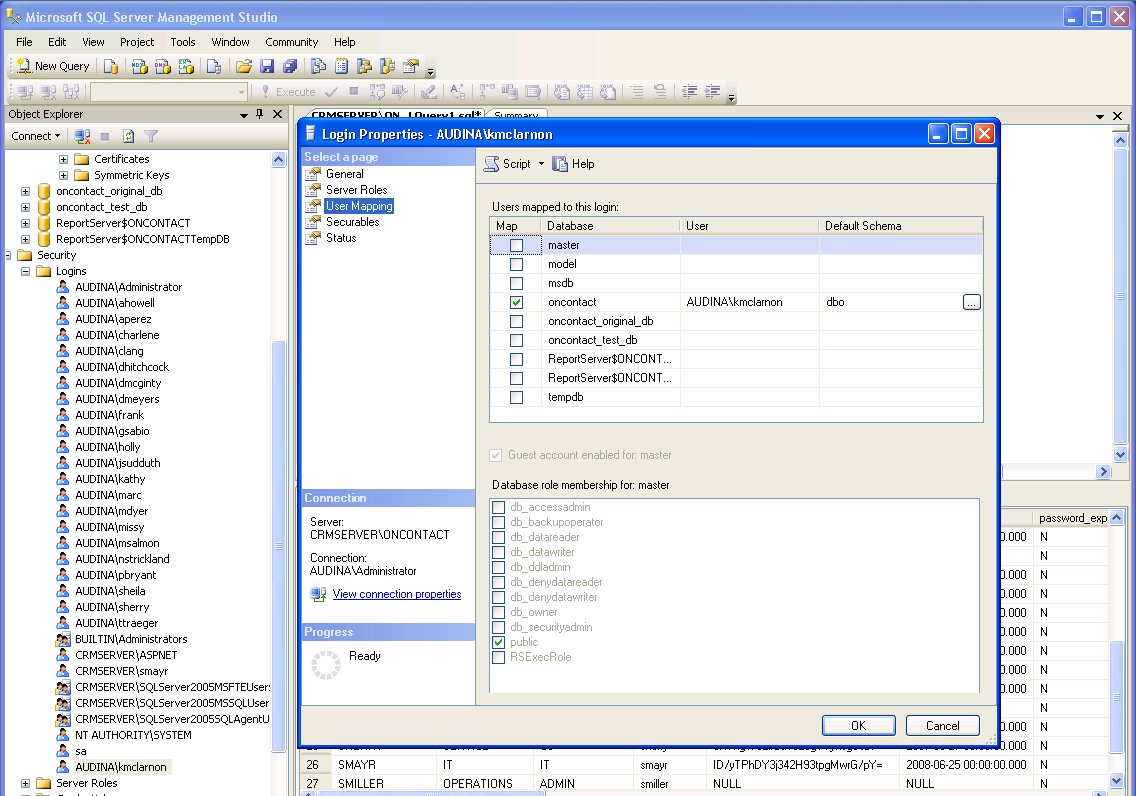 MS SQL: Security > Logins for OnContact database