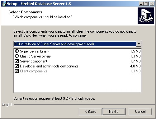 Firebird database server installation: options to select