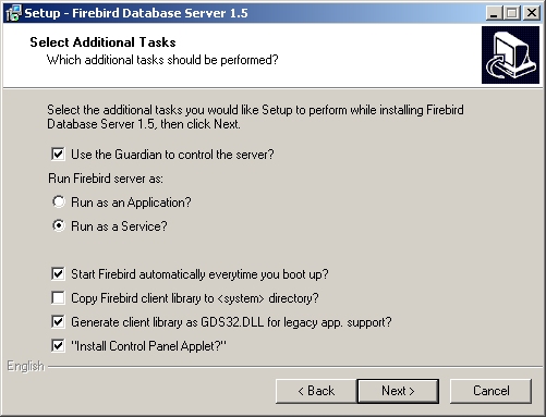 Firebird database server installation: options to select