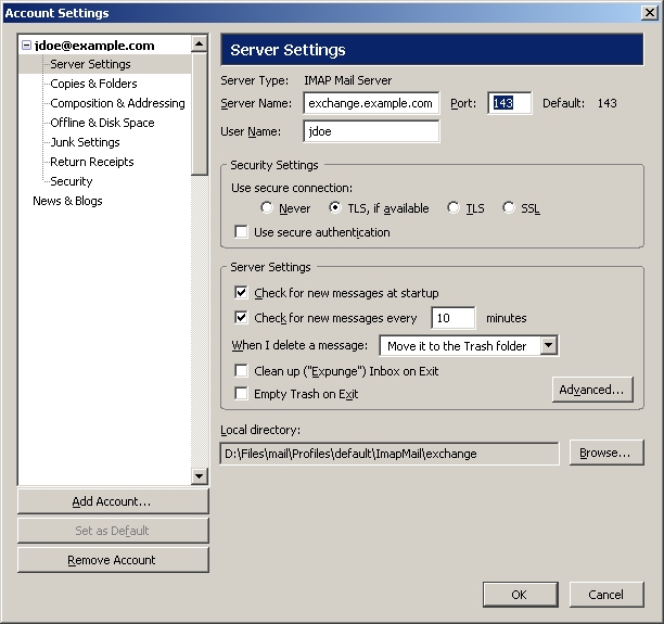 IMAP settings for Exchange