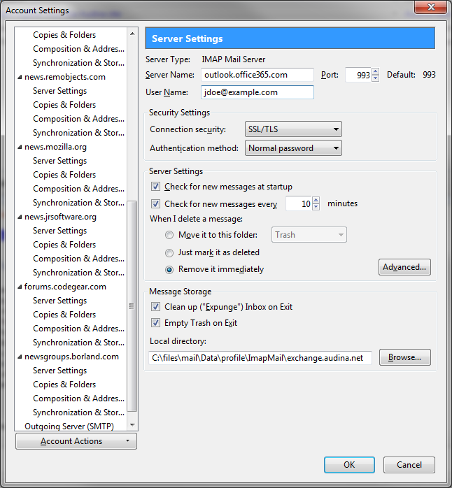 IMAP settings for Office365